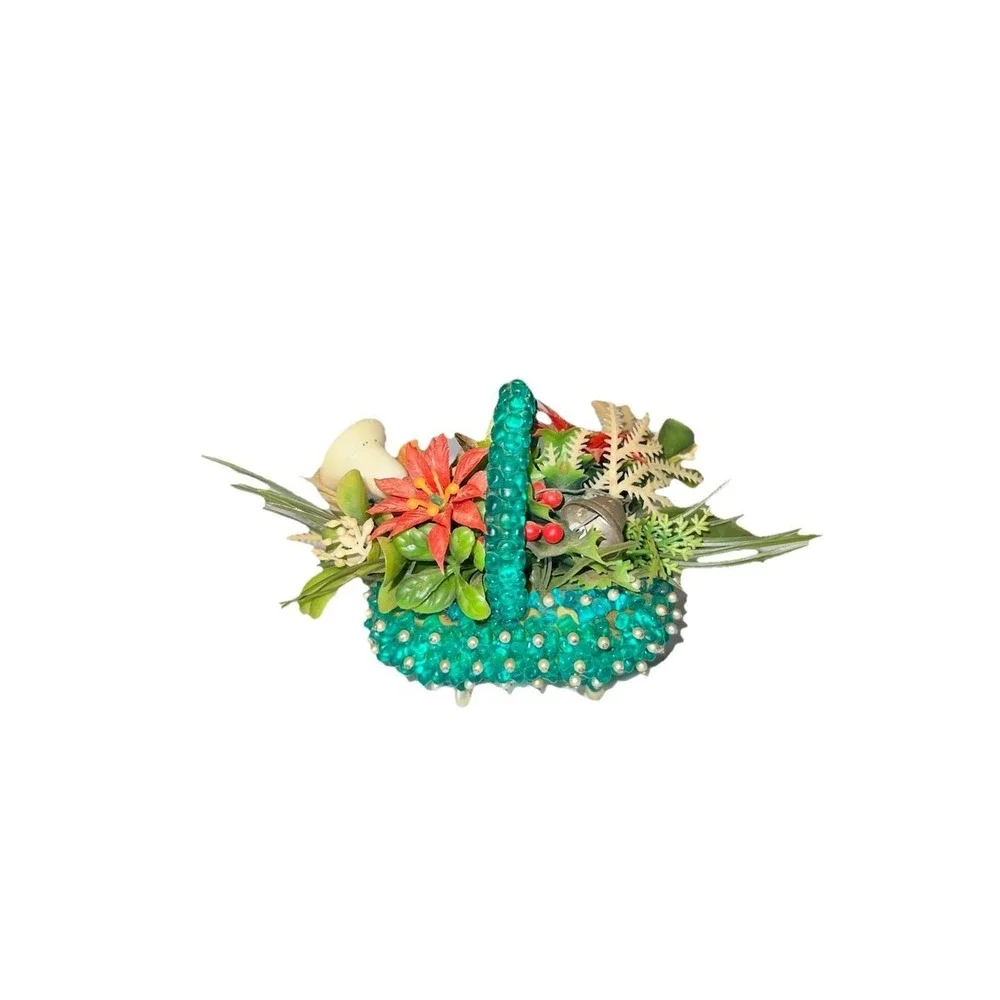 Vintage 60s Handmade Beaded Pin Basket Kitsch Floral Christmas Decor‎ MCM